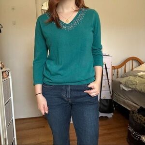 Teal beaded v-neck sweater